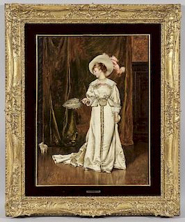 Attributed to Francesco Vinea (Italian, 1845-1902), Elegant Woman in a White Gown and Plumed Hat, Signed and dated "F. Vinea/