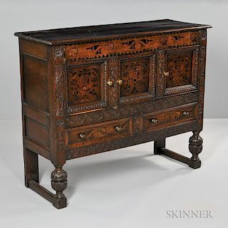 English Jacobean-style Oak Inlaid Cupboard, early 20th century, rectangular top over marquetry frieze above three paneled doo