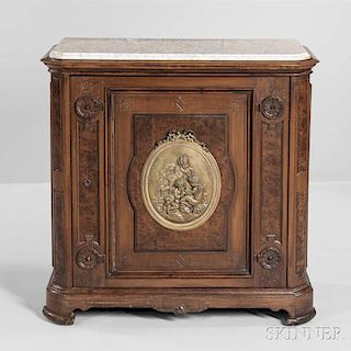 Marble-top Walnut Cabinet, America, mid-19th century, a shaped white marble top with gray veining over a paneled case with si