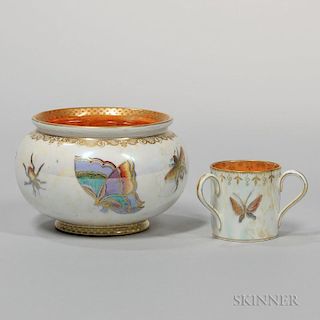 Two Wedgwood Butterfly Lustre Items, England, c. 1920, each with gilded and polychrome butterflies to a mother-of-pearl exter