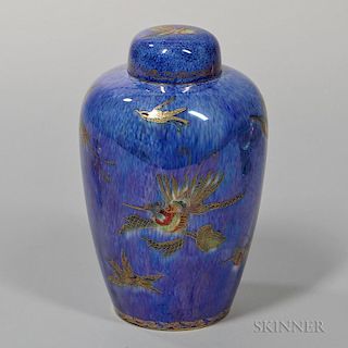 Wedgwood Hummingbird Lustre Malfrey Pot and Cover, England, c. 1920, mottled blue ground with gilded and polychrome birds to 