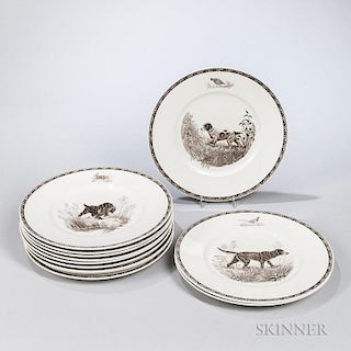 Set of Twelve Wedgwood Queen's Ware American Sporting Dog Plates, England, c. 1957, each brown transfer printed after origina