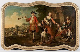 French School, 19th Century, Rococo Landscape with Picnicking Peasants and a Nobleman with a Hunting Horn, Unsigned., Conditi