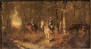 Alexander, chevalier de Bensa (Austrian, 1820-1902), Germanic Cavalry Officers in an Autumn Wood, Signed "de Bensa" l.r., wit