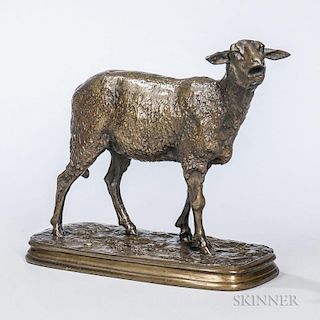 After Pierre-Jules Mêne (French, 1810-1879) Bronze Figure of an Ewe, depicted standing with its mouth open, inscribed to bas