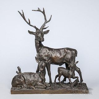 Bronze Deer Group, France, late 19th/early 20th century, depicting a standing buck, a sitting deer, and a fawn on a rectangul