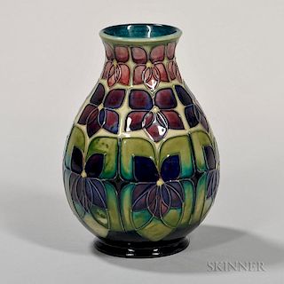 Moorcroft Violet Vase, England, c. 1990, designed by Sally Tuffin, bulbous shape, painted monogram for William J. Moorcroft, 