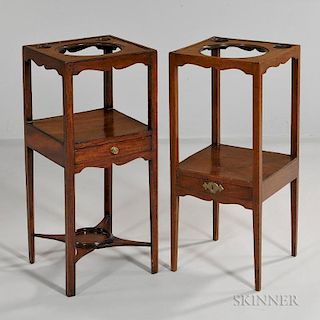 Two George III Mahogany Stands, England, early 19th century, each top with single large cutout and two small; one with medial