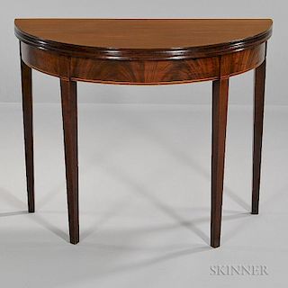 George III Demilune Console, England, late 19th century, with boxwood stringing, hinged folding top opens with gate-leg suppo