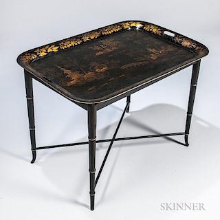 English Regency Chinoiserie Tea Tray on Stand, 19th century, rectangular, black and gilt decoration on a later stand, total h