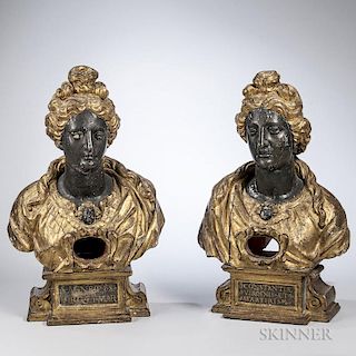 Two Continental Carved and Painted Giltwood Reliquary Busts, probably Italy, 18th century, each with a vacant reliquary compa