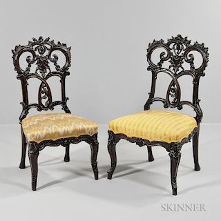 Ten Rococo-style Continental Side Chairs, possibly Portugal, 19th century, each with a reticulated back, carved with C-scroll