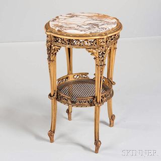 Louis XV-style Marble-top Giltwood Gueridon, early 20th century, round white marble with purple and black veining, over a pie