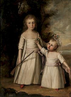 French School, 18th Century, Portrait of Two Children in a Landscape, Initialed indistinctly and dated "...1782" l.l., Condit