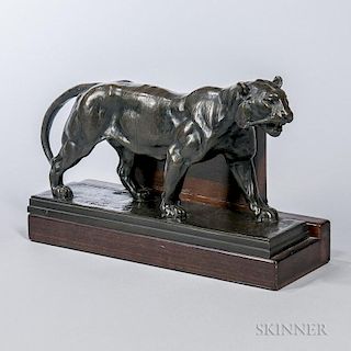 After Antoine-Louis Barye (French, 1795-1875)  Bronze Bookend, 20th century, cast as a panther, mounted on mahogany, stamped 