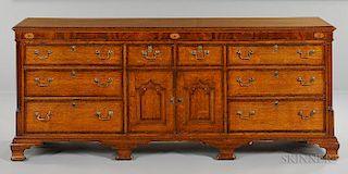Georgian Oak and Mahogany Sideboard, 19th century, rectangular molded top over long case with inlaid frieze, two short drawer
