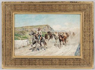 Enrico Henri Coleman (Italian, 1846-1911), Horsemen Driving a Wild Herd, Signed "HE Colman [sic]" l.r., Condition: Minor toni