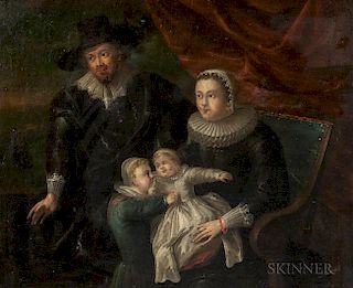 Dutch School, 17th Century, Dutch Family Scene, Unsigned, identified on a presentation plaque, inscribed "J. Mytens" on a gum