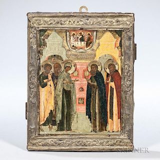 Russian Icon of the Apparition of Mother Mary Before Saint Sergei, 19th century, rectangular, polychrome paint decoration, wi