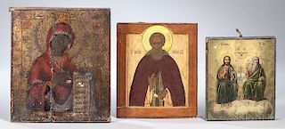Three Eastern Orthodox Icons, 19th century, two Russia: a kovcheg panel depicting Sergei of Radonezh, 12 x 10 3/8, the other 