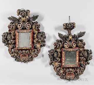 Pair of Baroque-style Carved Painted Mirrors, 18th/19th century, each polychrome decorated with acanthus plumes over rectangu