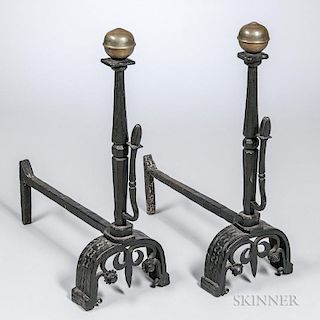 Pair of Iron and Brass Andirons, possibly Spain, late 19th/early 20th century, brass spherule atop a flared collared column e