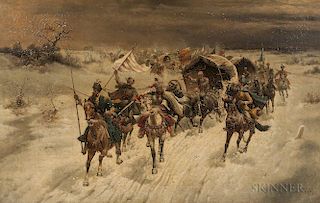 Karl (Carl) Heilig (German, 1863-1910), The Escorts, Signed "C. Heilig" l.r., titled on a partial label affixed to the stretc