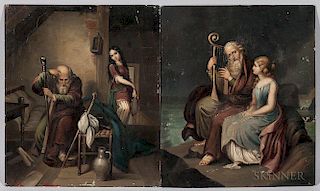 Continental School, 19th Century, Two Paintings Depicting Two Figures: An Old Man with a Harp Accompanied by a Young Woman, U