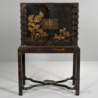 Japanned Lacquer Cabinet on Stand, cabinet with two doors and multi-drawer interior, on associated stand with lower X-form st