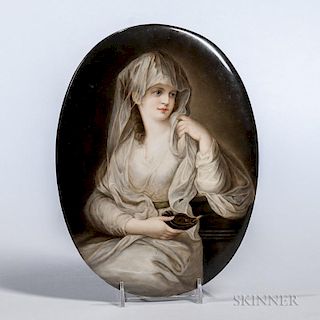 KPM Porcelain Oval Plaque, Germany, late 19th/early 20th century, depicting a woman wearing a white veil and gown, holding a 