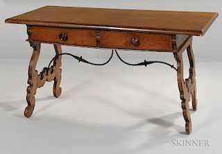 Spanish Walnut Trestle Table, with two frieze drawers, on trestle supports joined by an iron stretcher, ht. 30 1/2, wd. 58, d