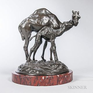 After Charles Gremion (French, 19th Century)  Bronze Figure of Camels, signed "CH GREMION," mounted on a round marble plinth,