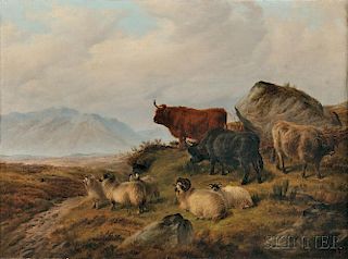Charles Jones (British, 1836-1892)      Highland Cattle and Sheep in a Landscape