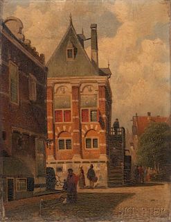 Dutch School, 19th Century Bustling Street. Indistinctly signed l.l. Oil on panel, 11 1/2 x 9 in., framed. Condition: Craquel