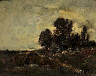 Attributed to Narcisse-Virgil Diaz de la Pena (French, 1807-1876), Landscape Study with Figure and Cows, Signed "n. Diaz" l.l