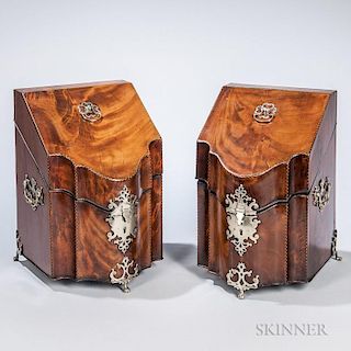 Pair of George III Mahogany Inlaid Knife Boxes, England, late 18th/early 19th century, each with silvered mounts, serpentine-
