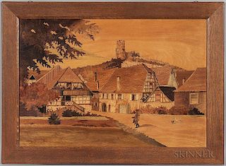 Marquetry Picture of an English Village, attributed to Paul Louis Spindler, France, 20th century, an architectural scene of h