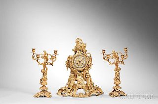 Three-piece Gilt-bronze Clock Garniture, France, 19th century, Desfontaines Paris clock works, the rococo-style case with sle