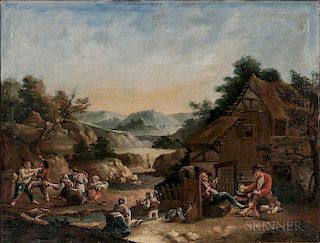 Dutch School, 17th Century Style, Figures Outside a Country Tavern, Unsigned., Condition: Retouch, varnish inconsistencies, c