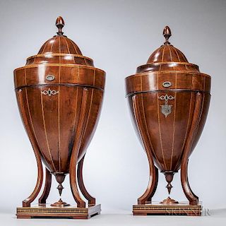 Pair of George III Inlaid Mahogany Knife Boxes, late 18th/early 19th century, each urn-form with acorn-shaped knop over domed