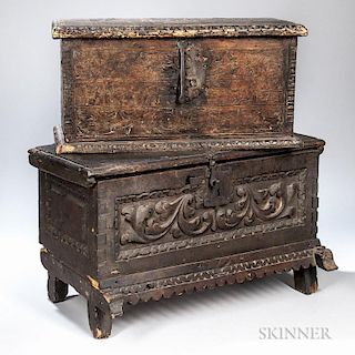 Two Baroque-style Carved Oak Boxes, both rectangular with lift tops, one decorated with incised figural and vine motifs, ht. 
