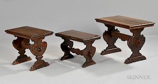Three Italian Walnut Side Tables, each with vasiform trestle supports joined by a stretcher, ht. 15 1/4, 19, and 21 1/2 in.