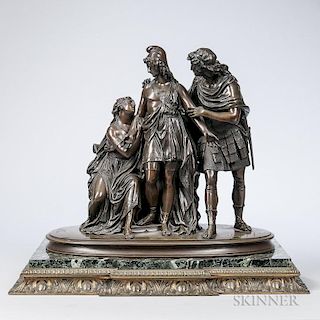 French School, Late 19th/Early 20th Century  Neoclassical Bronze Figural Group, featuring a seated female and two male figure