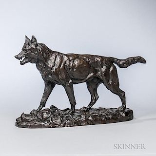 After Antoine-Louis Barye (French, 1795-1875)  Bronze Figure of a Wolf, depicted with mouth open and teeth bared, on a natura