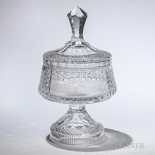 Waterford Crystal Covered Footed Bowl, Ireland, 20th century, faceted knop above a domed lid surmounting vessel with intaglio