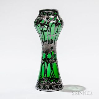 Alvin Silver Overlay Green Glass Vase