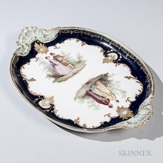 KPM Porcelain Oval Serving Tray, Berlin, late 19th century, polychrome decorated and gilt highlights of scenes of courting co