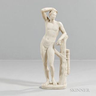 Marble Figure of Apollo, Continental, 19th century, depicted with arm resting on his head, standing next to a tree stump atop