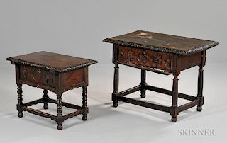 Two Continental Walnut Side Tables, each with a lunette-carved edge on a single frieze drawer raised on turned legs joined by