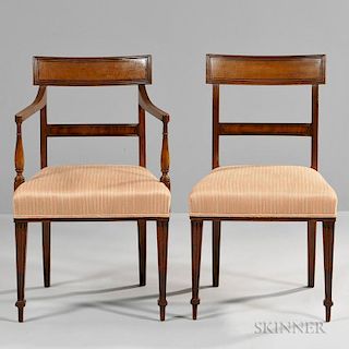 Set of Eight English Regency Mahogany Dining Chairs, 19th century, each with curvate inlaid molded crest rail, tight covered 